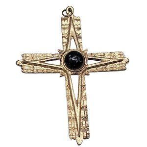 Large Gold Tone Cross Pendant Vintage Etched Metal Work Black Glass Cabachon